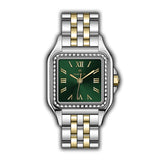 Monteva ladies' watch with a silver-toned and gold-toned bracelet, square case, green dial, and crystal-embellished bezel.