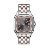 MONTEVA ladies' watch with a silver-toned square case, rose gold-toned stone-set bezel, dark grey dial, and silver and rose g
