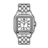 Silver-toned Monteva ladies watch with a square white mother-of-pearl dial, Roman numerals, and a stone-set bezel.