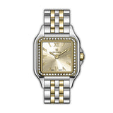 MONTEVA ladies' watch with a silver-toned square case, gold-toned sunray dial, stone-set bezel, and two-tone silver and gold
