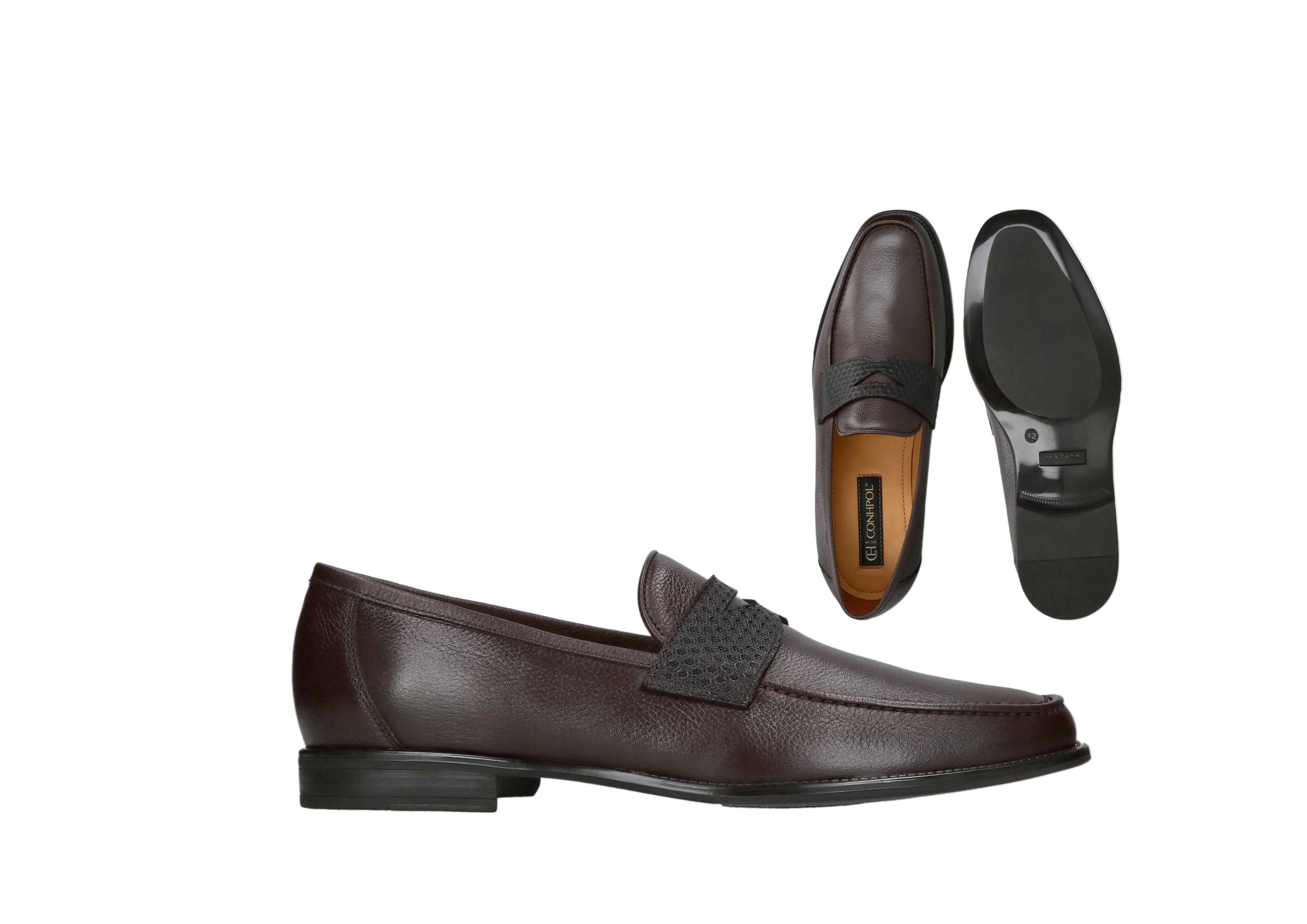 Brown leather penny loafers with a textured black strap across the vamp. Features a low heel and a black rubber sole.