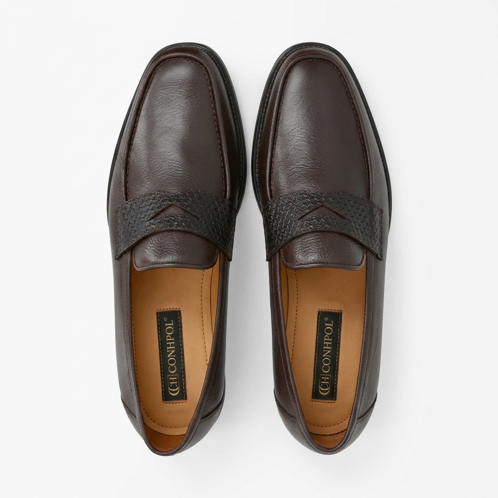 Dark brown leather loafers with a black textured band featuring a criss-cross design on the vamp.