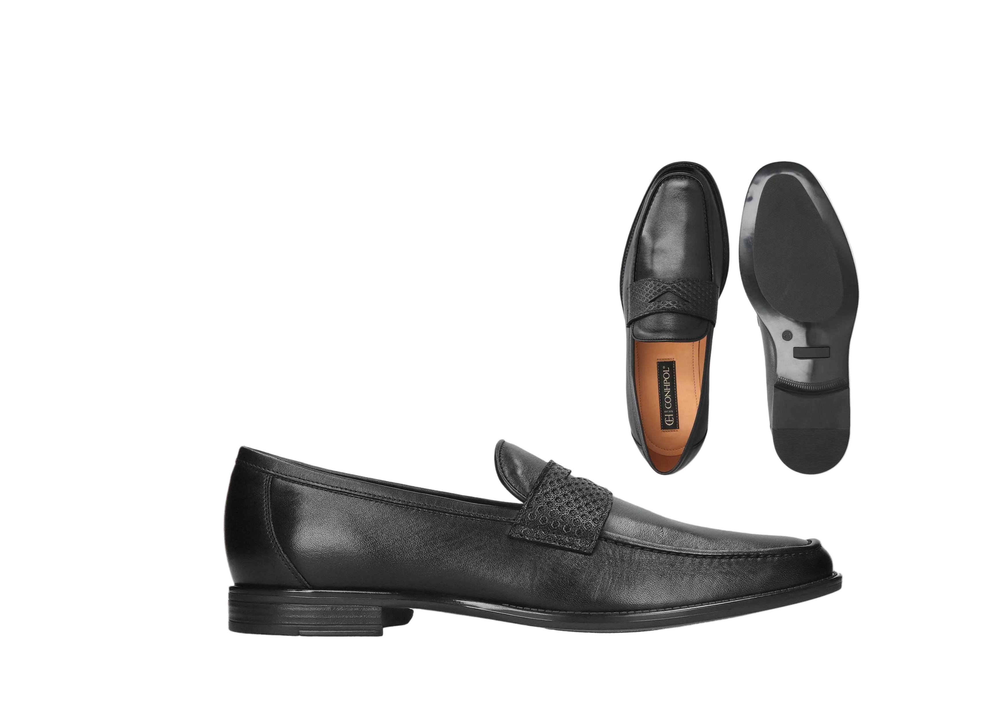 Black leather loafers with a textured strap across the vamp, almond toe, and low heel.