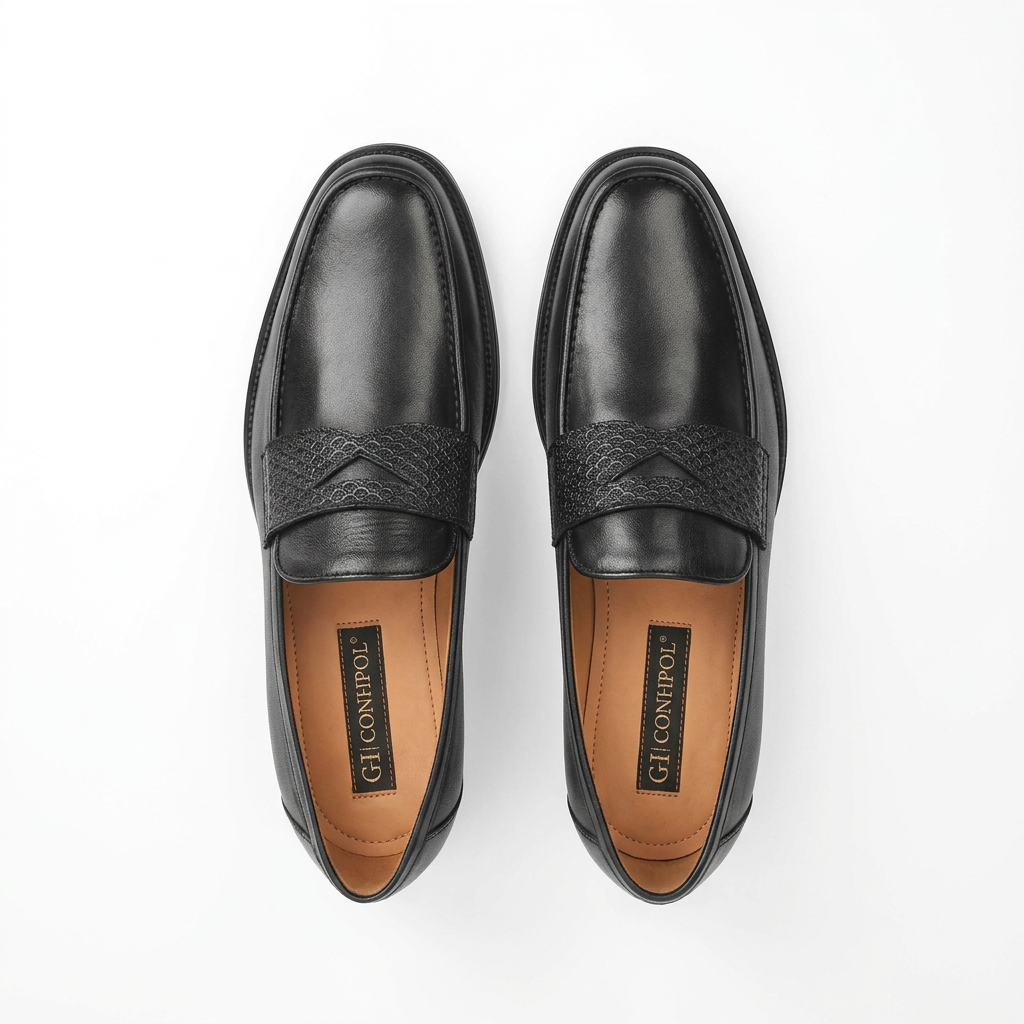 Pair of black leather penny loafers with textured, criss-cross patterned straps across the vamp and tan insoles.