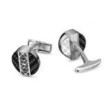 Pair of silver-toned cufflinks. Each has a circular black carbon fiber face with a silver-toned geometric overlay. One shows