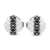 Pair of silver-toned Saint Honore cufflinks with a central black geometric pattern and repeating square motifs on the sides.