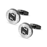 Pair of round silver-toned cufflinks with a black 'HS' logo on the face and black T-bar fastening.
