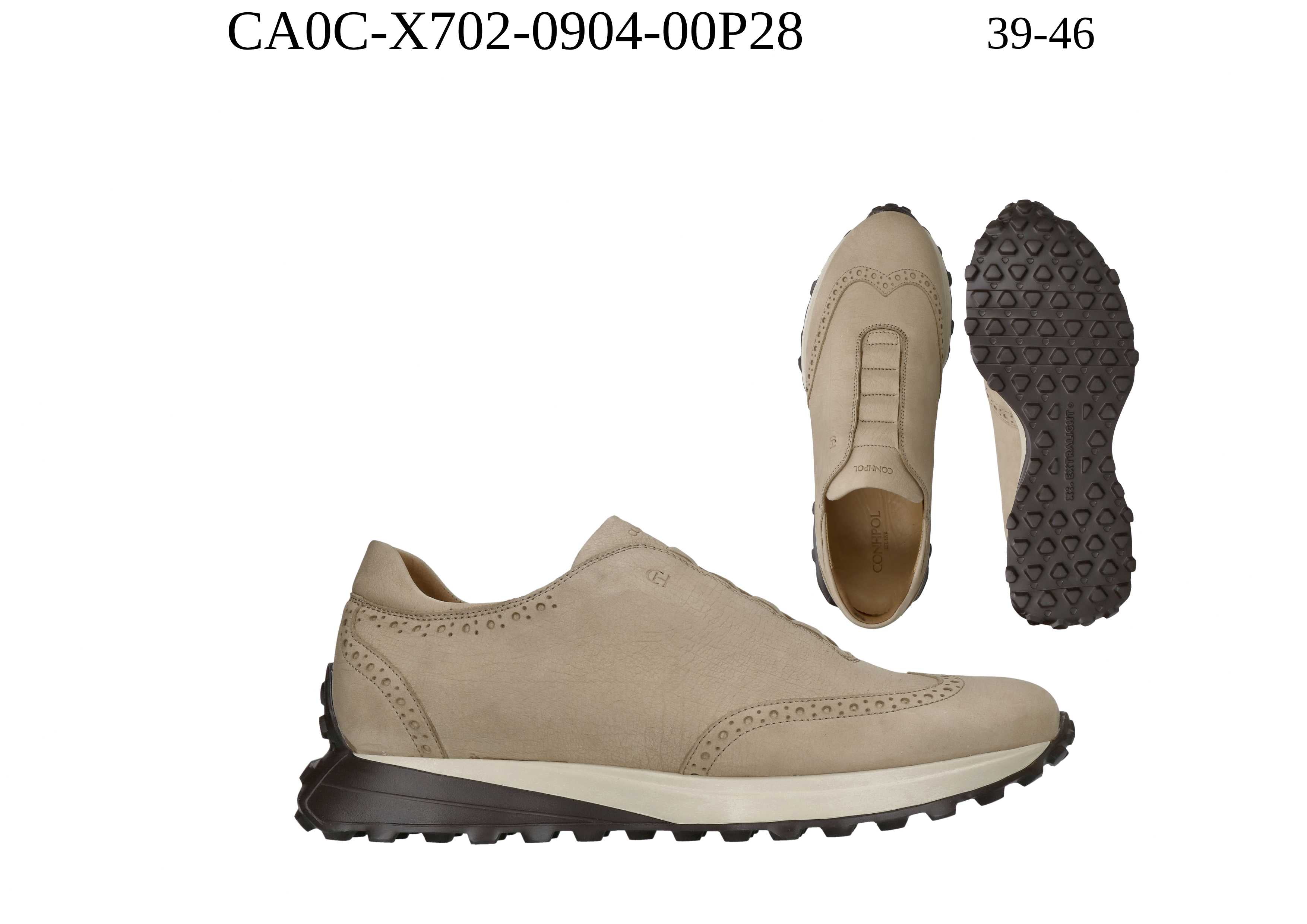 Beige suede slip-on shoes with brogue perforations, a thick cream midsole, and a dark brown lugged outsole.