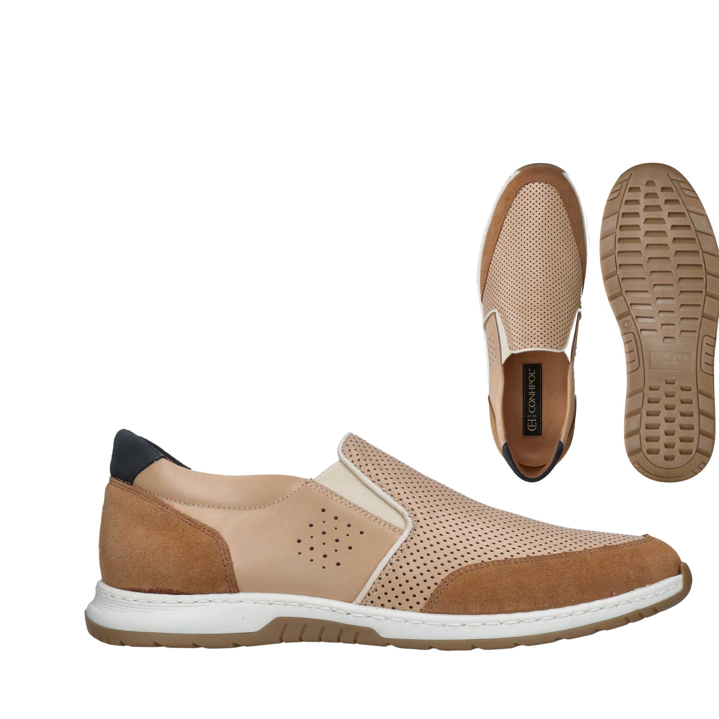 Brown and beige slip-on shoes with perforated leather, suede toe and heel, white midsole, brown rubber outsole, and dark heel