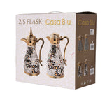 CASA BLU 2-piece luxury thermal Dallah set with white marble finish, gold-plated handles, and geometric Arabic star patterns on a white background.
