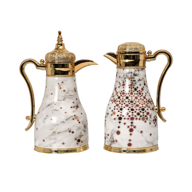 CASA BLU 2-piece luxury thermal Dallah set with white marble finish, gold-plated handles, and geometric Arabic star patterns on a white background.
