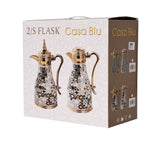 CASA BLU luxury Arabic coffee and tea thermal set with gold handles, geometric green patterns, and ornamental lids on a white background.