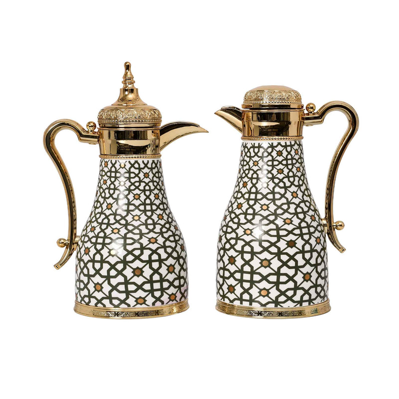 CASA BLU luxury Arabic coffee and tea thermal set with gold handles, geometric green patterns, and ornamental lids on a white background.