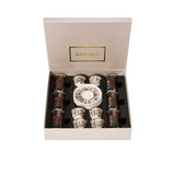 CASA BLU 13-piece luxury Arabic coffee and tea set in a black gift box, featuring gold geometric patterns on marble-effect white porcelain cups and dark tea glasses.