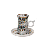 CASA BLU 13-piece tea and Arabic coffee set in a black foam-lined gift box. The set includes six glass tea cups and six porcelain coffee cups featuring a colorful green, red, and blue geometric mosaic pattern with gold accents.