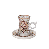 CASA BLU 13-piece luxury Arabic coffee and tea set in a black gift box, featuring gold geometric patterns on marble-effect white porcelain cups and dark tea glasses.