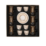 CASA BLU 13-piece host set with gold star lattice geometric patterns on smoked-glass tea cups and white porcelain cawa cups.