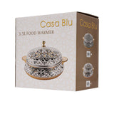 Casablu luxury insulated food warmer casserole with white marble pattern, gold-plated handles, and polished stainless steel interior.