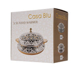 Casa Blu luxury insulated casserole dish featuring gold calligraphic script on a white background with gold handles and a domed lid.