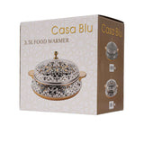 Casa Blu insulated food warmer featuring a black and white vintage floral and leaf pattern with polished silver-tone handles and a round lid knob.