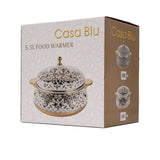 Casablu luxury insulated food warmer casserole with white marble pattern, gold-plated handles, and polished stainless steel interior.