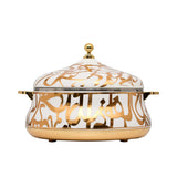 Casa Blu luxury insulated casserole dish featuring gold calligraphic script on a white background with gold handles and a domed lid.