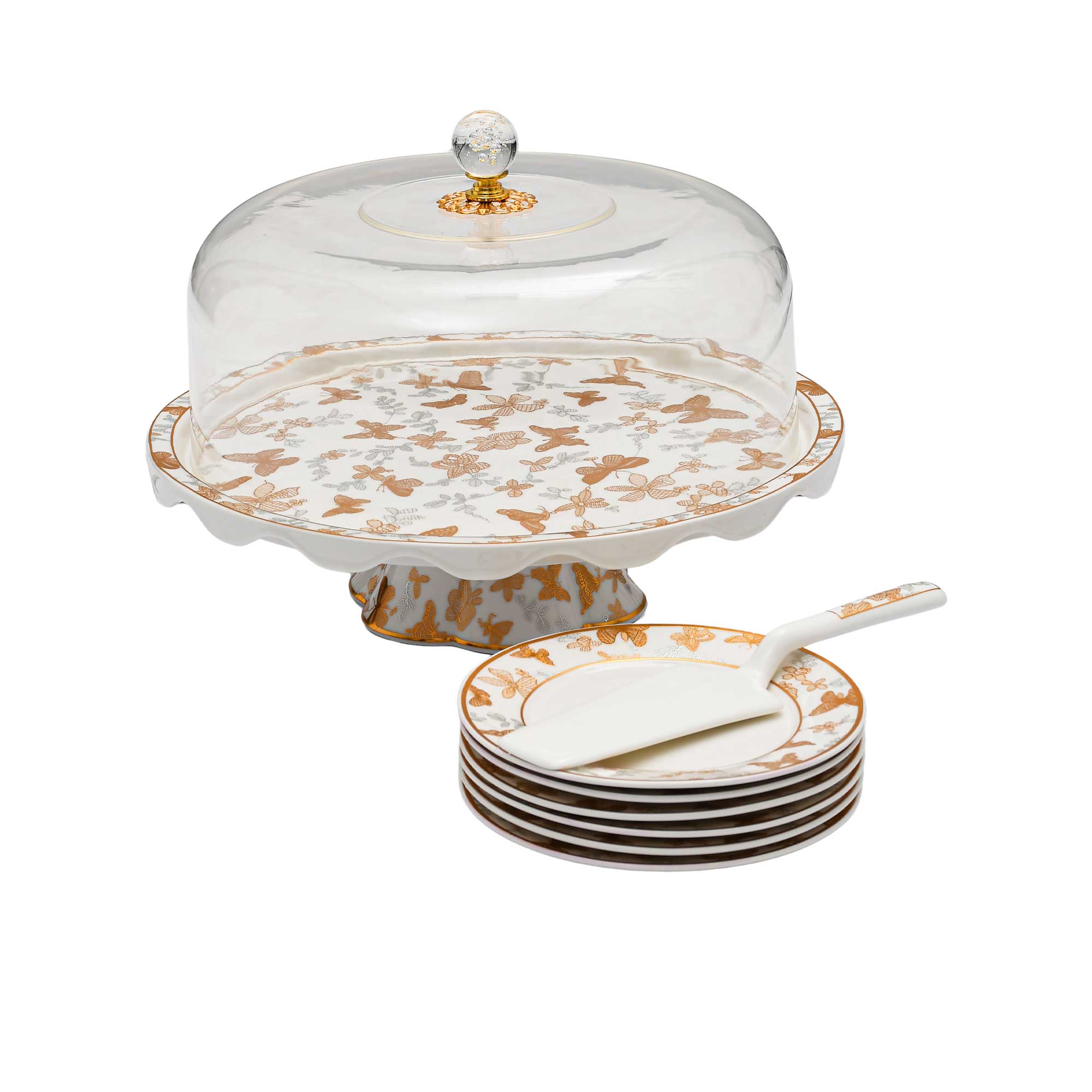 Casa Blu Butterfly Cake Stand with Dome and Serving Plates (8pc Set)-Gold Accents | Cake Server | Cake Set | Cake Stand | Casa Blu 2025 | Home and Furniture Home | Home and Furniture Home Table Top | Ramadan Collection 2025 Casa Blu Butterfly Cake Stand with Dome and Serving Plates (8pc Set)-Gold Accents | Cake Server | Cake Set | Cake Stand | Casa Blu 2025 | Home and Furniture Home | Home and Furniture Home Table Top | Ramadan Collection 2025