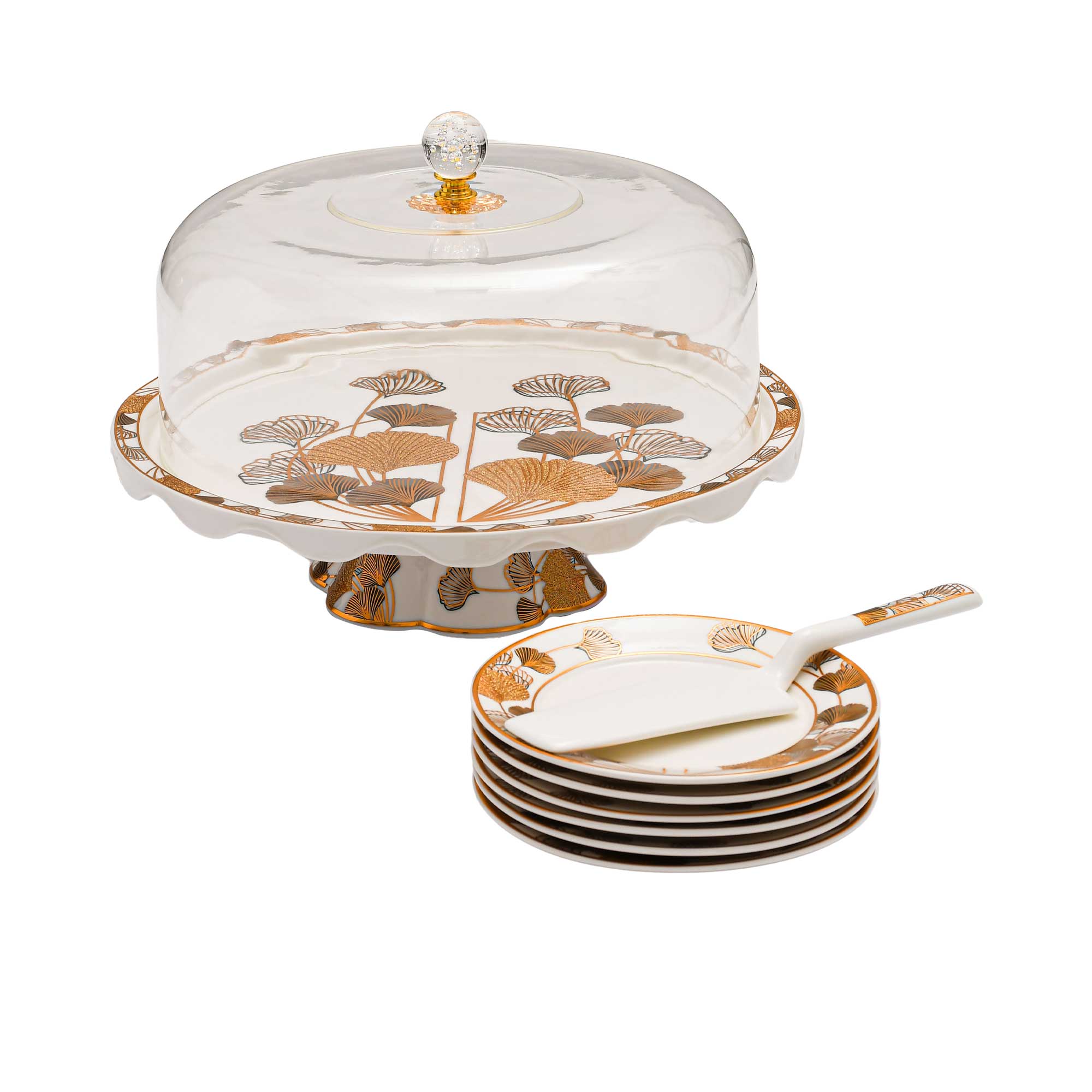 Casa Blu Ginkgo Leaf Cake Stand with Dome and Serving Plates (8pc Set)-Gold Accents | Cake Server | Cake Set | Cake Stand | Casa Blu 2025 | Home and Furniture Home | Home and Furniture Home Table Top | Ramadan Collection 2025 Casa Blu Ginkgo Leaf Cake Stand with Dome and Serving Plates (8pc Set)-Gold Accents | Cake Server | Cake Set | Cake Stand | Casa Blu 2025 | Home and Furniture Home | Home and Furniture Home Table Top | Ramadan Collection 2025