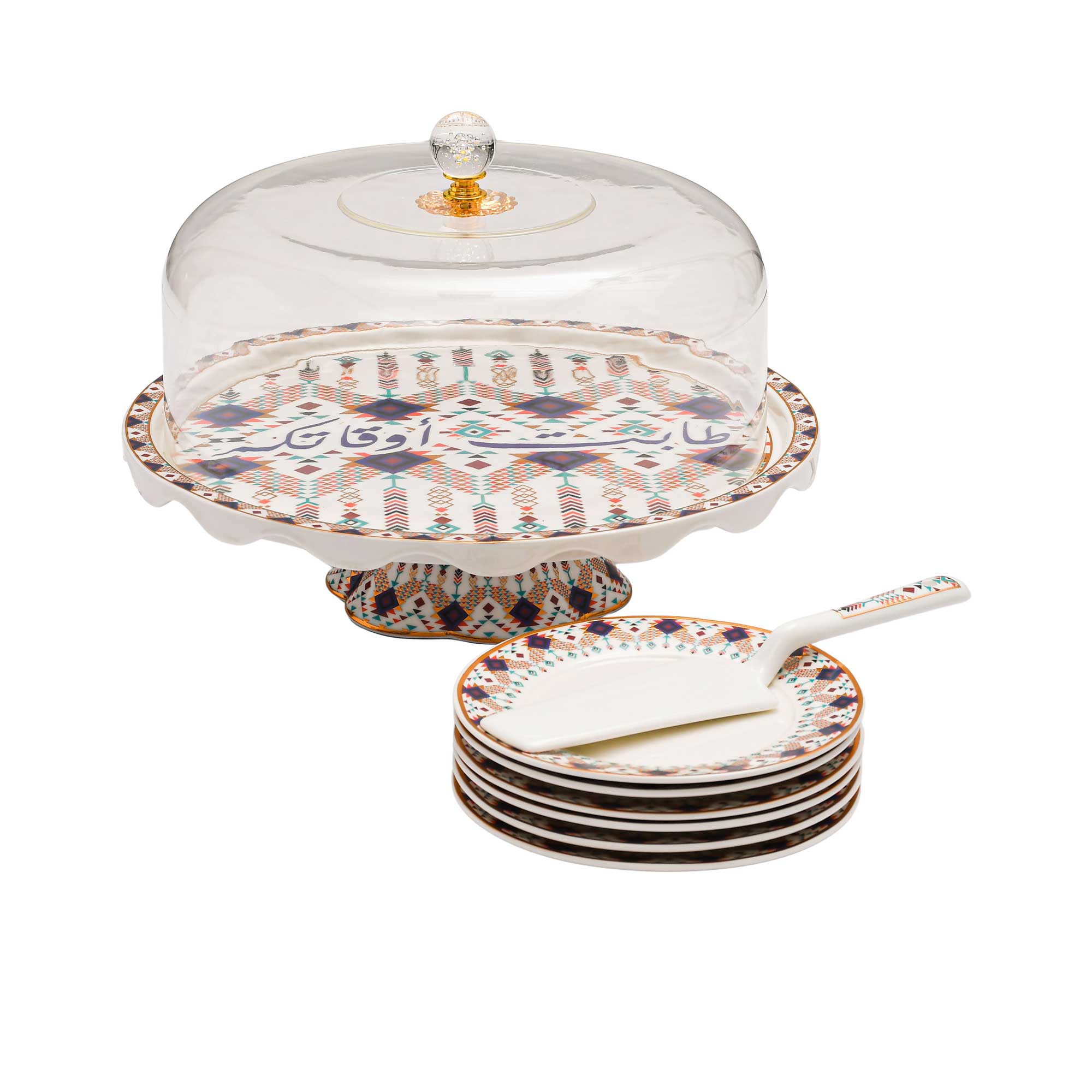 Casa Blu Arabic Calligraphy Cake Stand with Dome and Serving Plates (8pc Set) | Cake Server | Cake Set | Cake Stand | Casa Blu 2025 | Home and Furniture Home | Home and Furniture Home Table Top Casa Blu Arabic Calligraphy Cake Stand with Dome and Serving Plates (8pc Set) | Cake Server | Cake Set | Cake Stand | Casa Blu 2025 | Home and Furniture Home | Home and Furniture Home Table Top