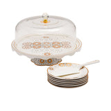 Casa Blu Modern Geometric Cake Stand with Dome and Serving Plates (8pc Set)-Gold accents