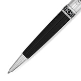 Black pen with a silver-toned conical tip and a silver-toned band featuring a repeating 'AR' pattern. A 'CR' detail is visibl