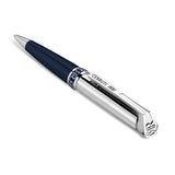 Dark blue and silver-toned pen with a repeating monogram band, 'CERRUTI 1881' on the clip, and a monogram emblem on the cap e