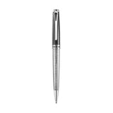 Cerruti Giovanni ballpoint pen with a black lacquered upper barrel and clip, and a silver-toned textured lower barrel.
