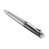 Silver-toned and black pen with a textured woven pattern. Silver-toned top, black bottom, silver-toned clip, and engraved ban