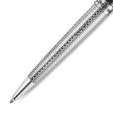 Silver-toned pen with a textured barrel featuring a repeating oval pattern. Smooth silver-toned tip. 'CERRUTI 188' on band.