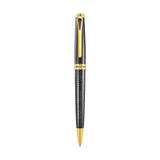 Black textured pen with a repeating geometric pattern, gold-toned clip, central band, and tip, featuring "CERRUTI 1881" engra