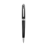 Black carbon fibre ballpoint pen with a silver-toned clip, tip, and a central band featuring the Cerruti 1881 logo.