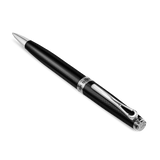 Black carbon fiber ballpoint pen with silver-toned tip, clip, and cap end. A silver-toned band is engraved with 'CERRUTI 1881