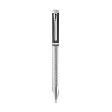Silver-toned ballpoint pen with a square grid pattern on the lower barrel and a black textured upper barrel with a silver cli