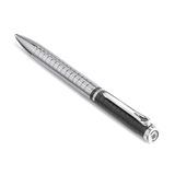 Silver-finished pen with a grid pattern on the upper barrel, black textured grip, silver-finished clip, and 'RR' logo on the