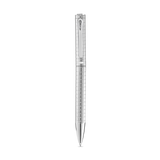 Silver-toned Cerruti pen with a square textured barrel and cap, featuring an integrated clip and conical writing tip.