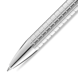 Silver-toned pen with a shiny, textured body featuring a grid of squares. The tip is smooth and conical.
