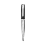 Black textured upper barrel and silver-toned engraved lower barrel ballpoint pen with a silver-toned clip.
