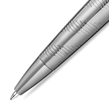 Silver-toned ballpoint pen with a textured barrel featuring diagonal lines and horizontal grooves, and a smooth, shiny tip.