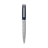 Dark blue textured ballpoint pen with a silver-toned engraved metallic lower barrel and silver-toned clip.