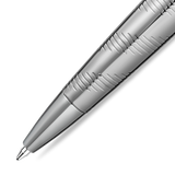 Shiny silver-toned ballpoint pen with a textured barrel of etched lines and a smooth, pointed tip.