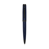 Dark blue textured pen with a smooth black cap top, clip, and writing tip, featuring "CERRUTI 1881" branding.