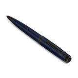 Dark blue pen with fine horizontal grooves, black tip, clip, and cap. The barrel is engraved with "PRATI 1830".