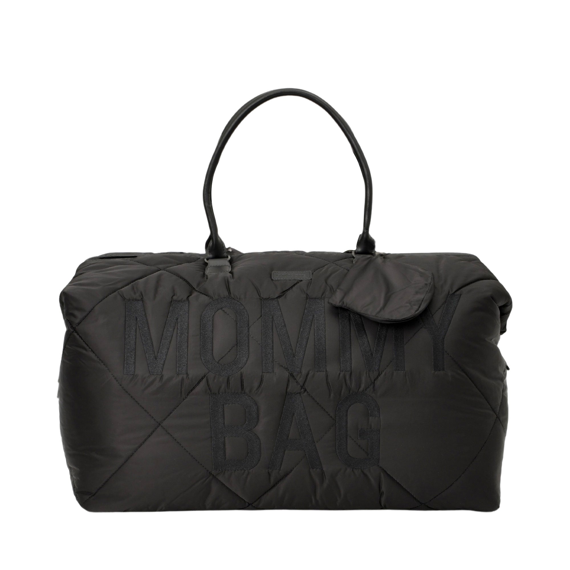 Childhome black padded and quilted Mommy Bag with two top handles and embossed 'MOMMY BAG' text on the front.