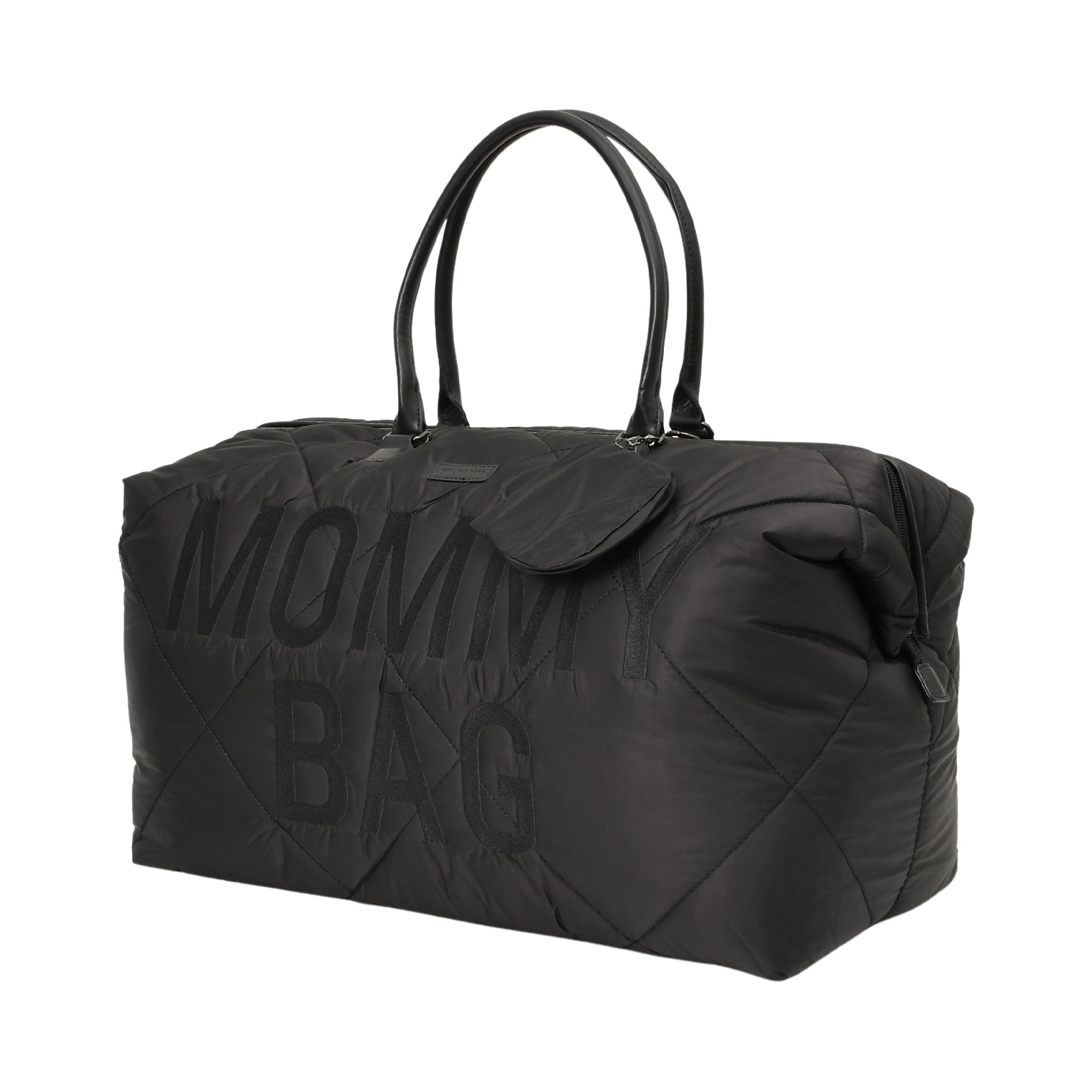 Black quilted duffle bag with "MOMMY BAG" text on front, two top handles, and a small flap pocket. Silver-toned hardware.